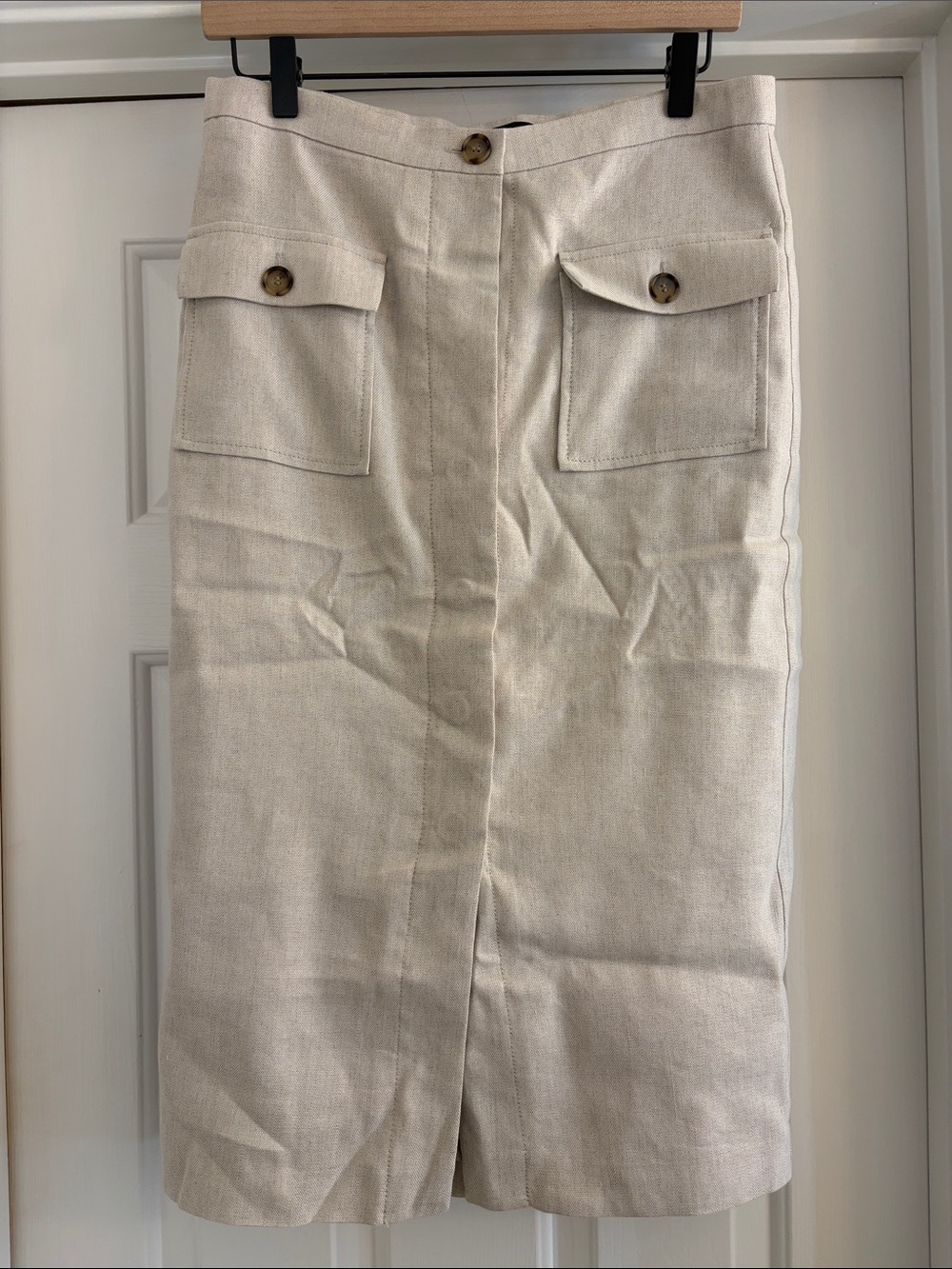 Ann Taylor Linen Pencil Midi Skirt with Front Button Pockets